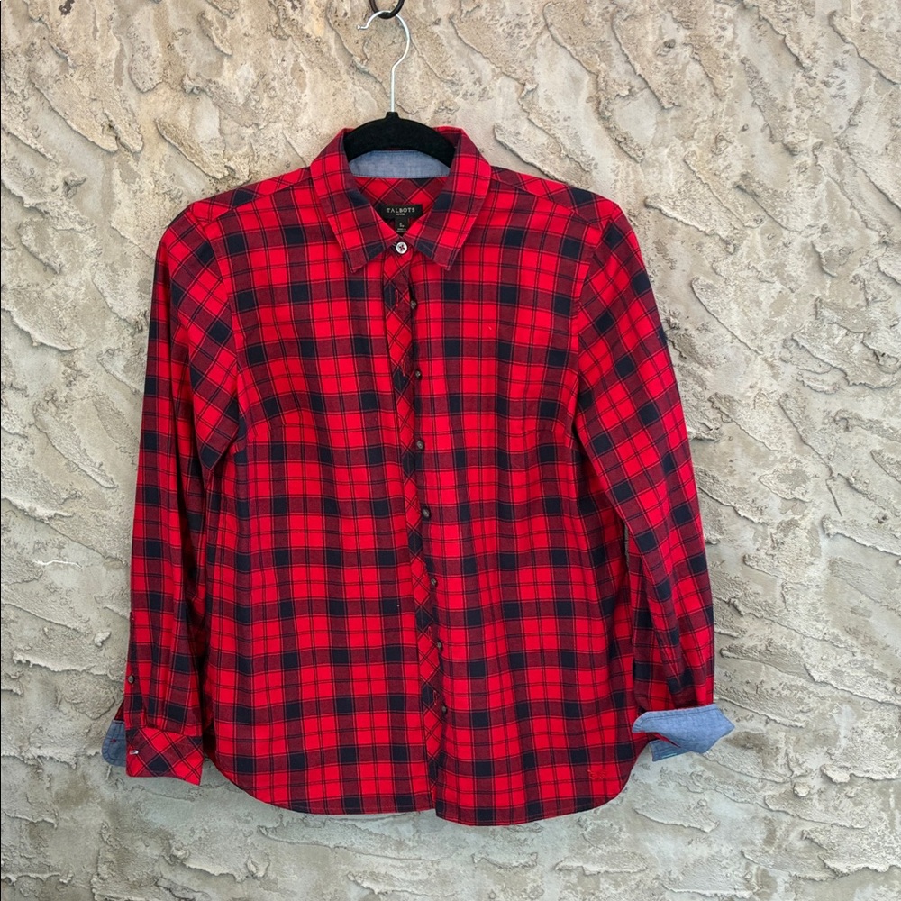 Talbots Red and Black Plaid Button Down Academia Vibrant Collared Shirt NWOT